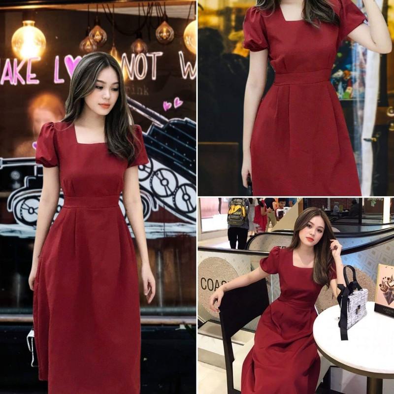 [HCM]Đầm cổ vuông tay phồng sang chảnh