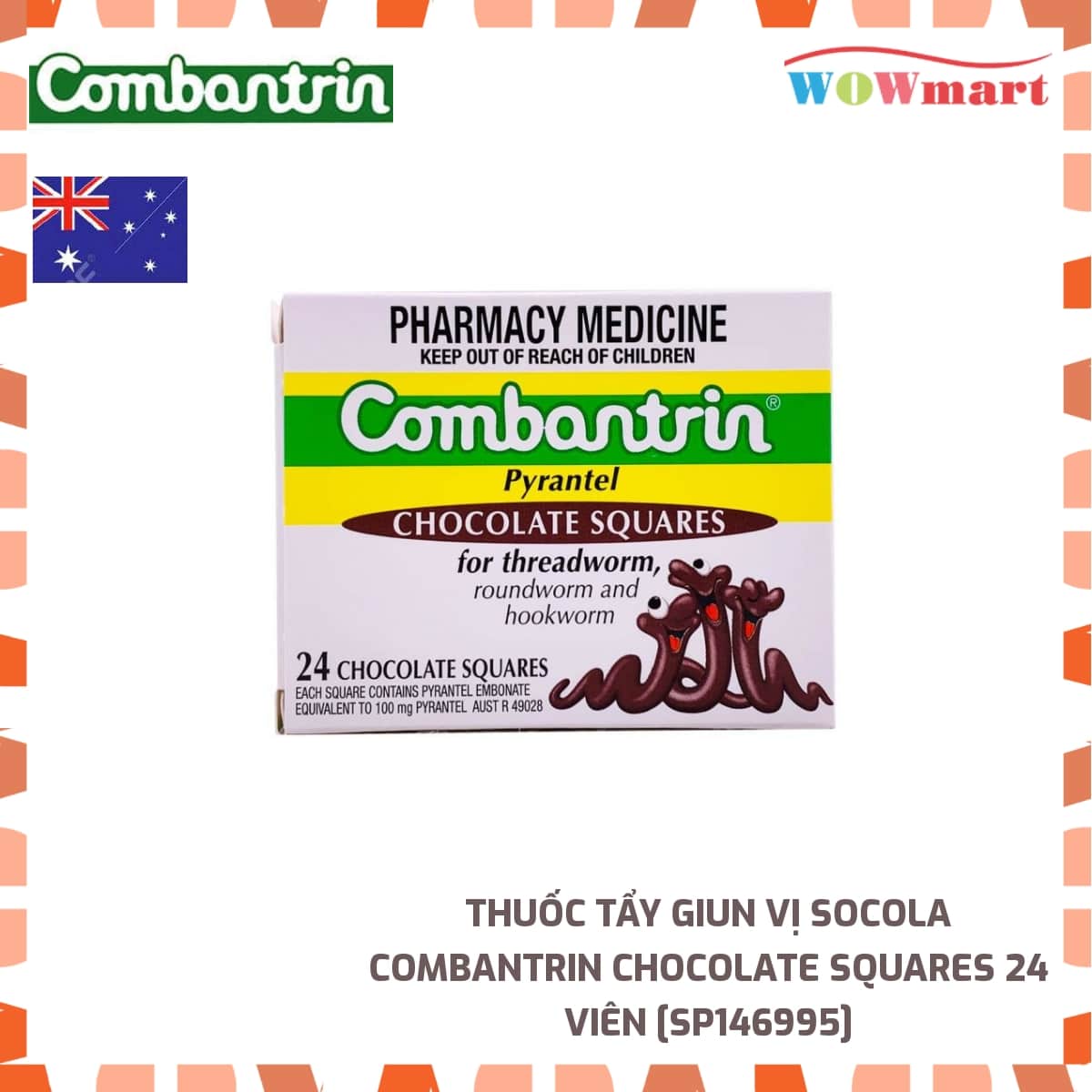 Tẩy giun vị socola Combantrin Chocolate Squares 24 viên - [ÚC]
