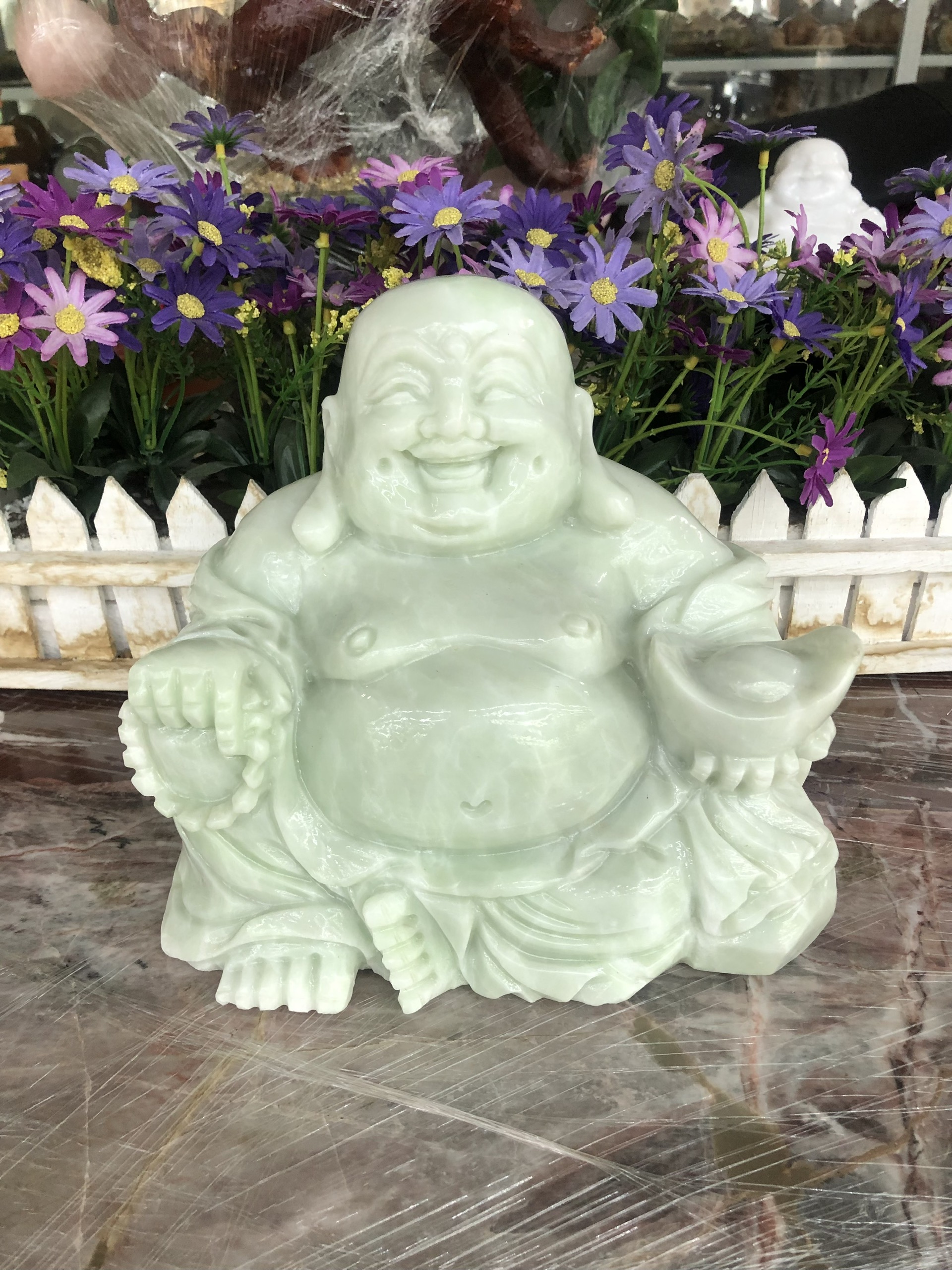 Tượng phật Di Lặc ngồi đá cẩm thạch trắng xanh - Dài 20cm