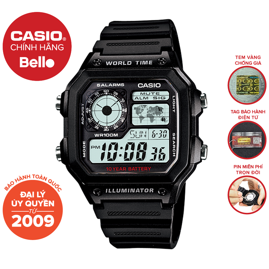 Đồng hồ Casio Nam AE-1200WH-1A chính hãng giá rẻ - Bảo hành 1 năm - Pin trọn đời