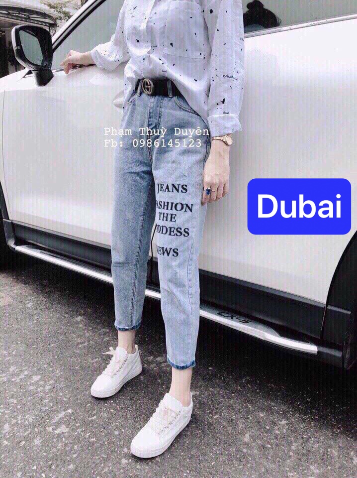 QUẦN BAGGY JEAN CHẤT BÒ NỮ XANH NHẠT IN CHỮ LƯNG CAO NÂNG MÔNG HÀN QUỐC DB-05- CAO CẤP - DUBAI FASHION