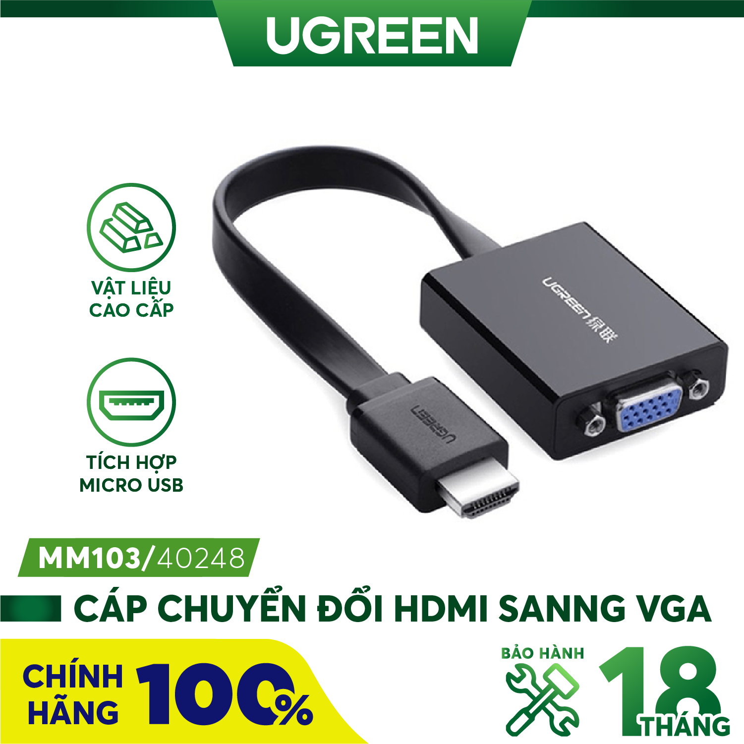 Cáp chuyển đổi hdmi to vga dẹt có audio ugreen 40248