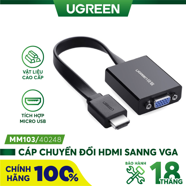 Cáp chuyển đổi HDMI sang VGA dây dẹt tích hợp cổng Audio 3.5mm + Micro USB hỗ trợ nguồn ngoài UGREEN MM103 - Hãng phân phối chính thức