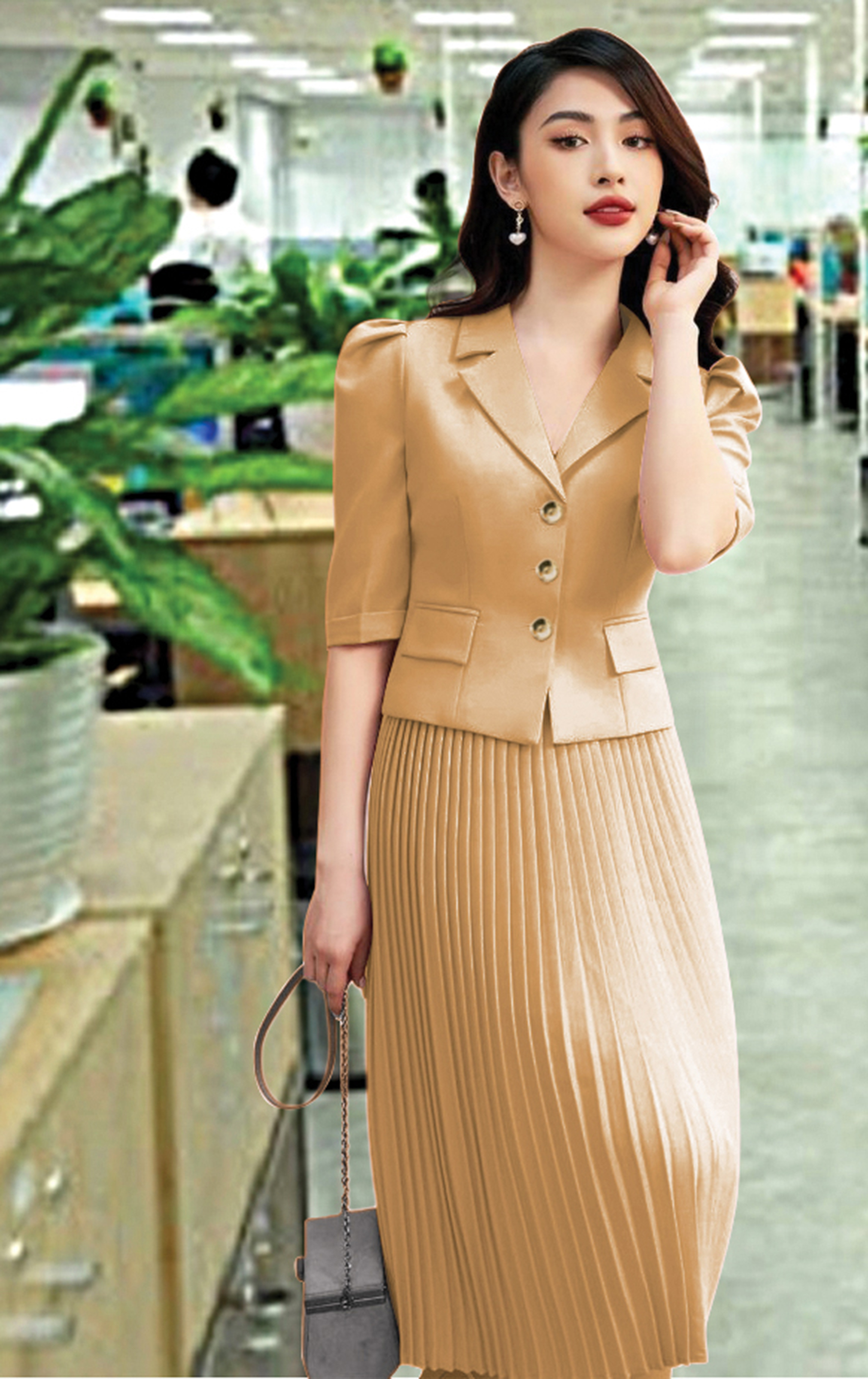 [HCM]SET CỔ VEST NÚT BỌC CHÂN VÁY DẬP LY
