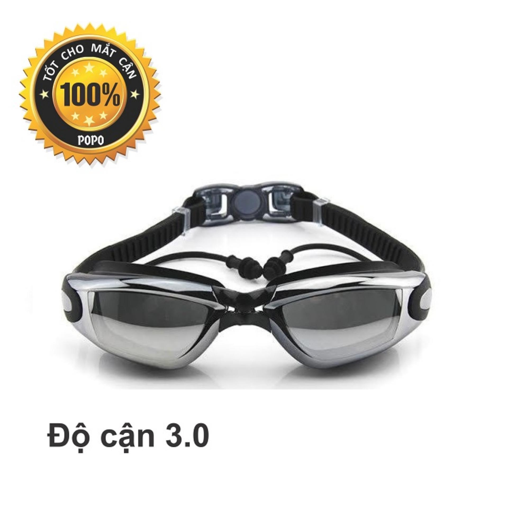 Kính bơi cận 1940 Đen độ cận 3,0 độ có gắn nút bịt tai ngăn nước; mắt kính chống tia UV, kiểu dáng thời trang