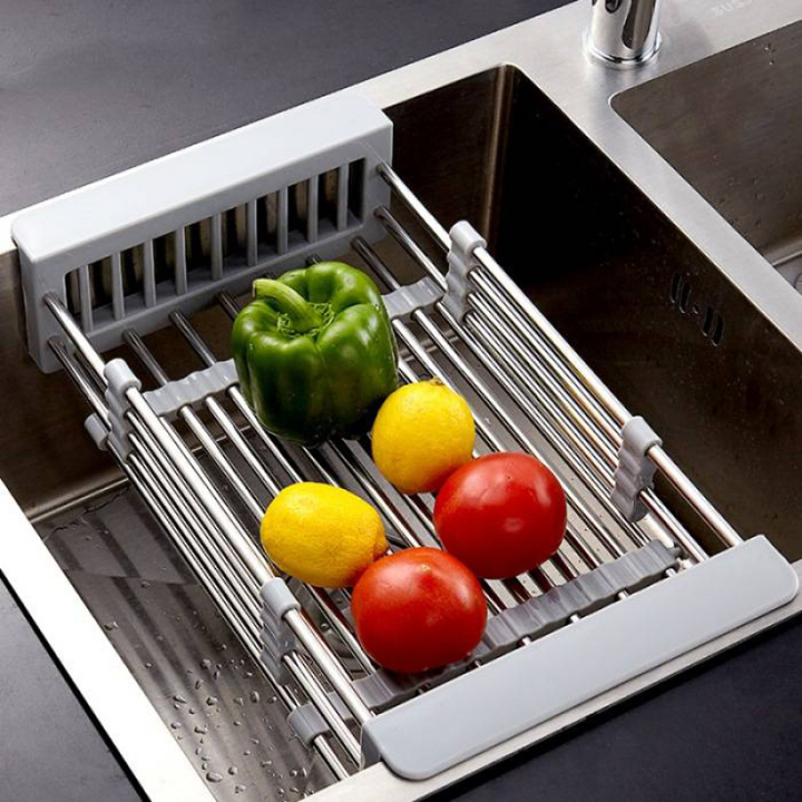 Rổ, khay inox rút gọn đa năng để chậu rửa chén