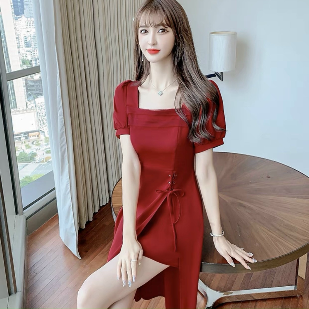 Đầm cổ vuông tùng đan dây 2 màu