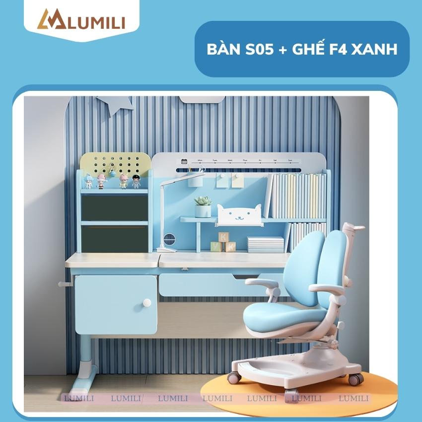 Bộ bàn học cho bé lumili S05, bàn học chống gù mặt bàn 60x1m2, bàn học sinh có tay quay,