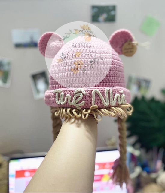 Mũ Len Mickey Bím Tóc Hồng (Viết Tên) Xinh Cho Bé Yêu ???