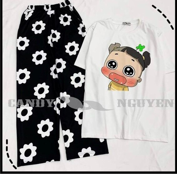 Đồ Bộ Hoạt Hình Cotton Cartoon Quỳnh Aka Mặt Ngốc + Quần Hoa Ống Rộng Dễ Thương , Style Hàn Quốc Hot Trend , Forn Rộng Thoải Mái , Thích Hợp Mặt Nhà Lẫn Dạo Phố TTSLB0157