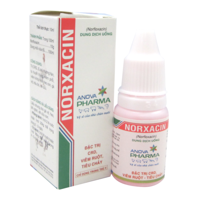 NORXACIN: Chuyên tri CRD, E.coli, thương hàn, tụ huyết trùng, viêm xoang mũi (khẹc vịt), viêm ruột, bạch lỵ.
