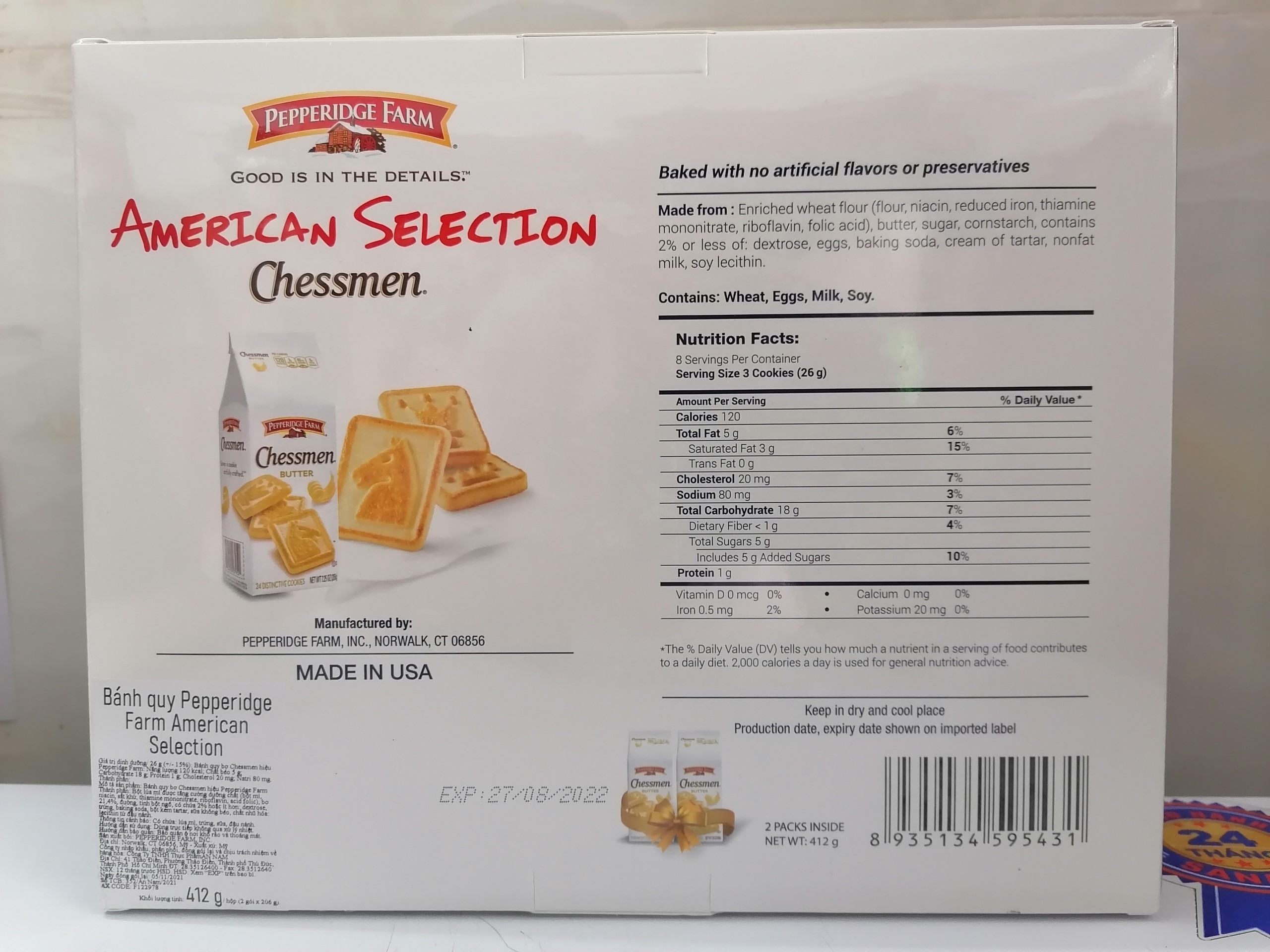 [HỘP 412g - CHESSMEN] BÁNH QUY BƠ [USA] PEPPERIDGE FARM Chessmen Butter