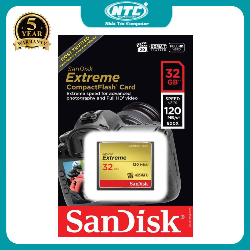 Thẻ nhớ CompactFlash (CF) SanDisk Extreme 32GB 800X đọc 120MB/s ghi 85MB/s (Vàng) Nhất Tín Computer