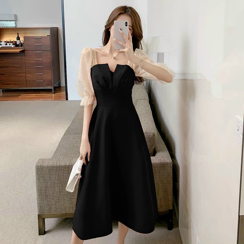 ĐẦM XẾP NGỰC PHỐI TAY LƯỚI KIM SA (CÓ MÚT NGỰC )