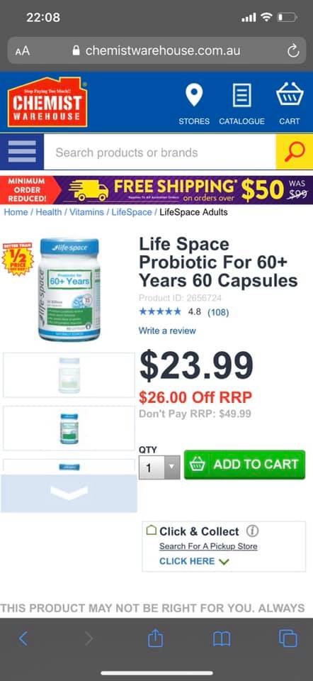 Men vi sinh Life Space Probiotic For 60+ Years 60 Capsules Úc