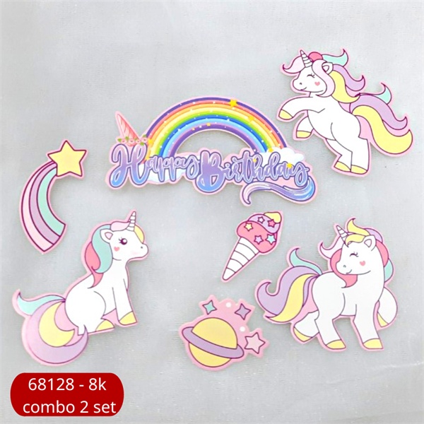 Set que cắm HPBD unicorn + cầu vồng kem