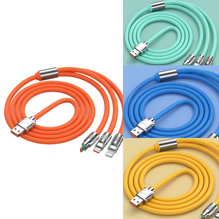 Cáp sạc nhanh 120w cá mập bọc thép 3 đầu type-c, ip, micro dây silicon dài 1.2m