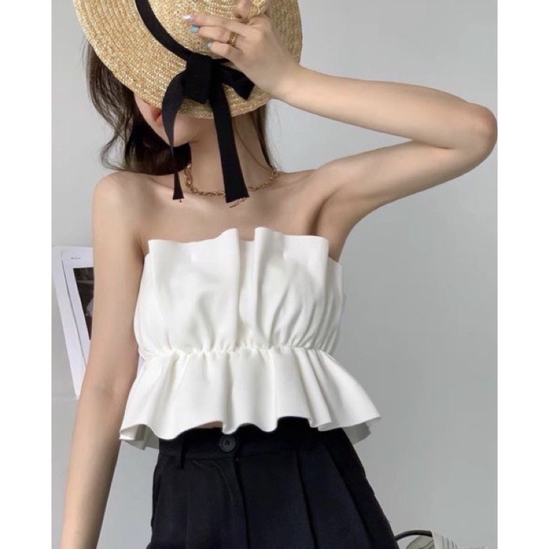 Áo ống kiểu bèo nhún eo (có mút ngực) , áo croptop nữ