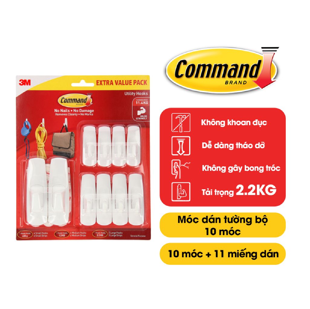 Móc dán tường command 3m 17008exvp tải trọng 2.2kg/móc bộ 10 móc màu trắng- puda mall, cường lực, siêu dính