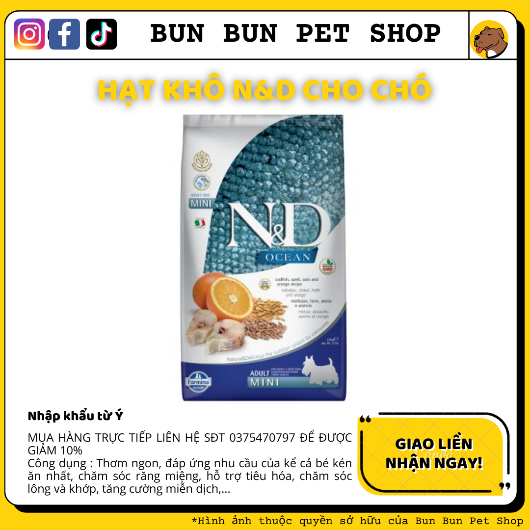 2.5kg Hạt khô cho chó N&D Ocean Dog Cod, Pumpkin, Orange Adult Mini - Cá tuyết & Cam