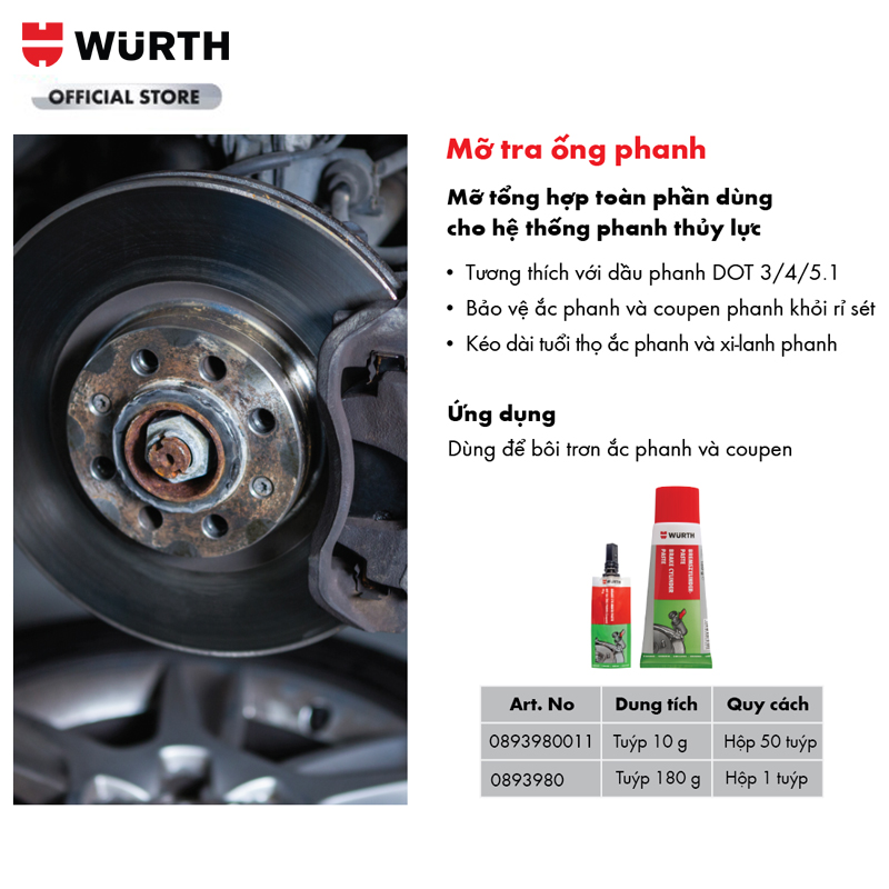 Wurth Mỡ Tra Ống Phanh Ô tô (Tra Coupen) Dạng Tuýp Brake Cylinder Paste 10G