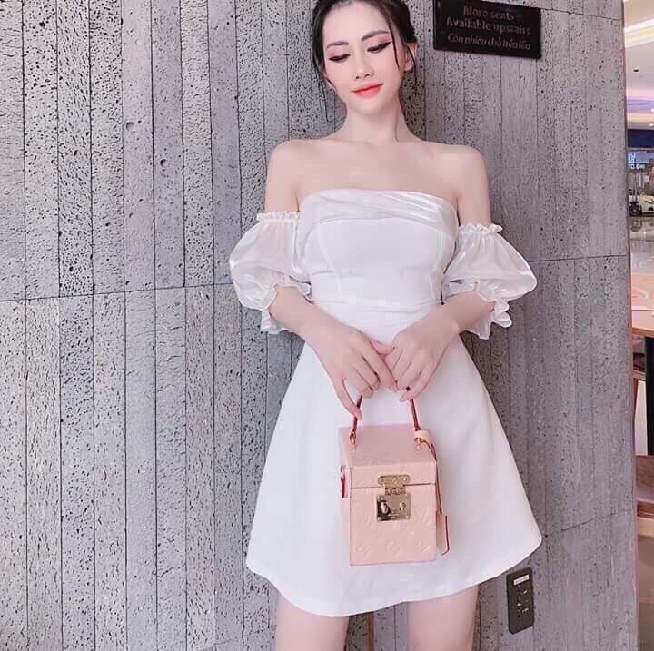 Đầm xòe bẹt vai phối phi bóng cực xinh