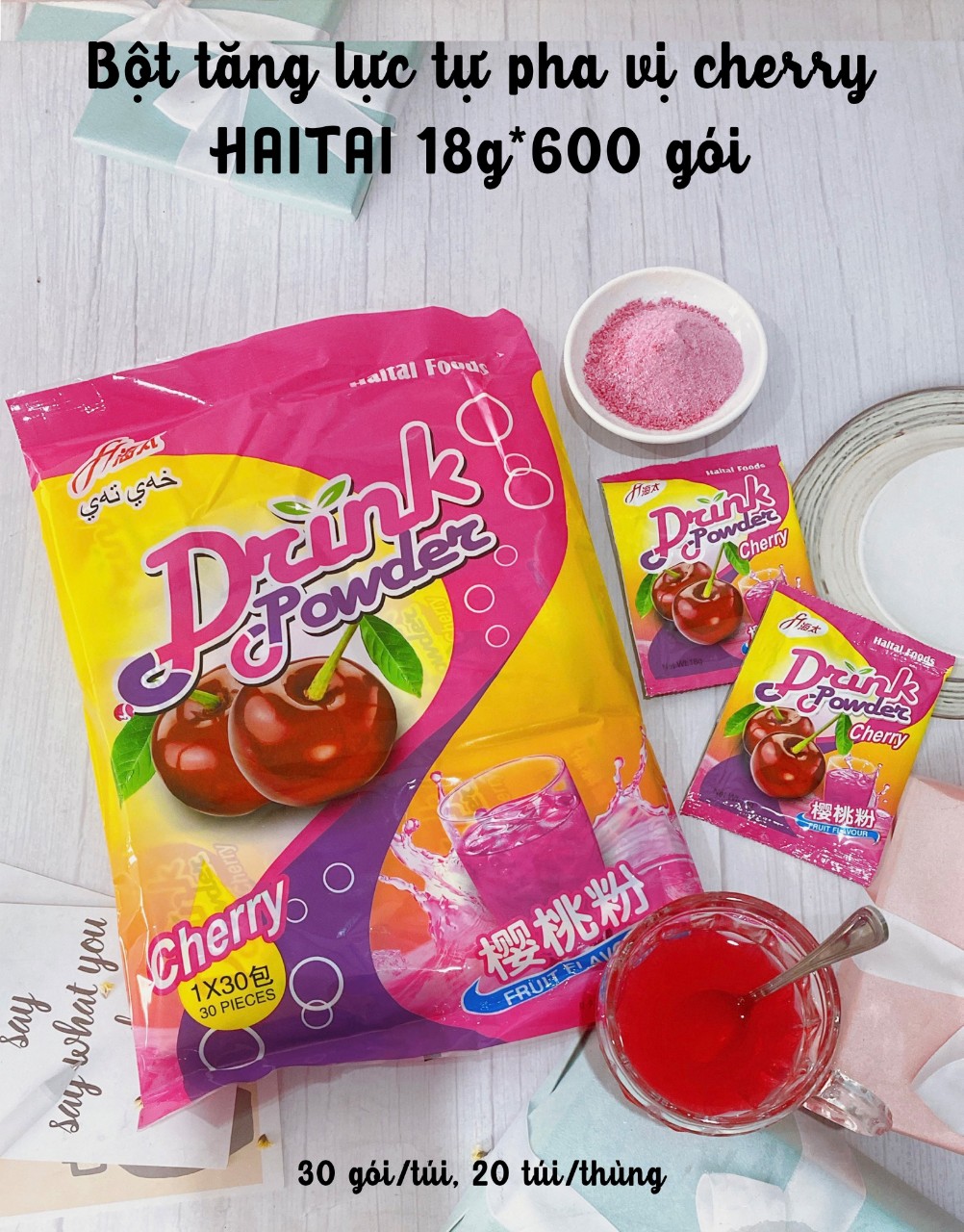 Combo 5 gói Bột tăng lực tự pha Haitai 18g/Nước tăng lực Vị bò húc -Cherry-Cola thơm ngon tiện lợi