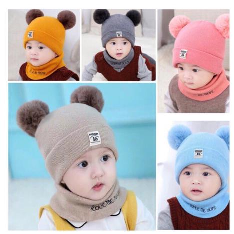 Set mũ 2 quả bông kèm khăn cho bé