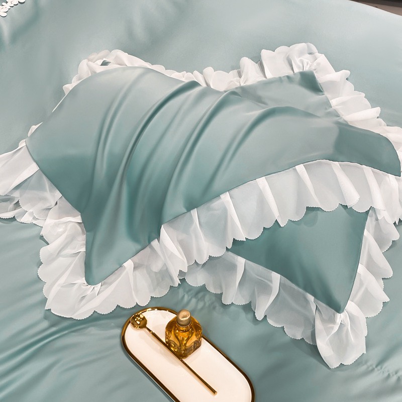 (❤GIÁ CỰC RẺ ) Bộ Vỏ Chăn Ga Gối Phi Lụa Phối Viền Bèo Ren Nhập Khẩu Set 4 Món