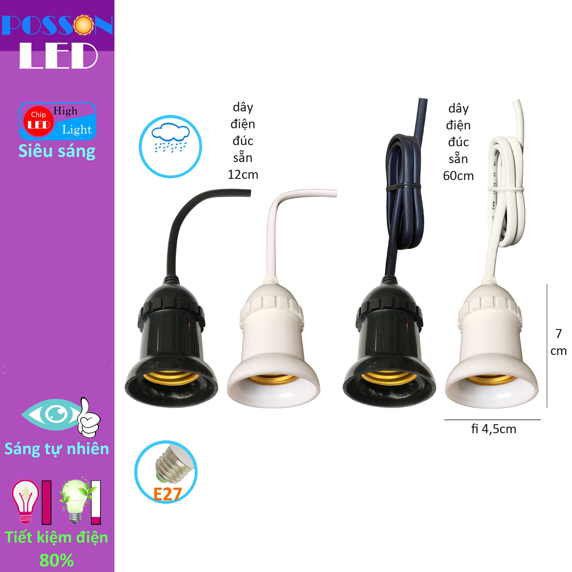 10 Đui chuôi đèn E27 chống nước mưa đuôi xoáy fi27mm đúc liền dây điện