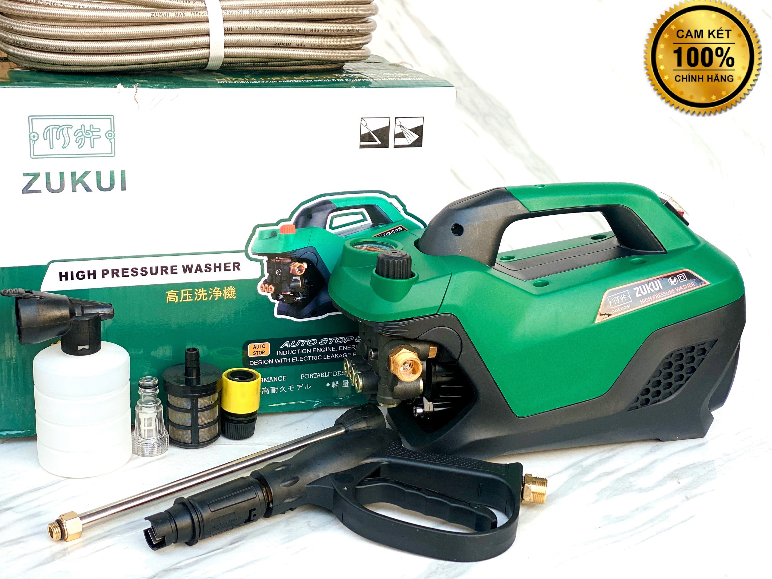 Máy rửa xe zukui s7 2800w có chỉnh áp tặng dây 15m ống nói inox binh xit bọt tuyết