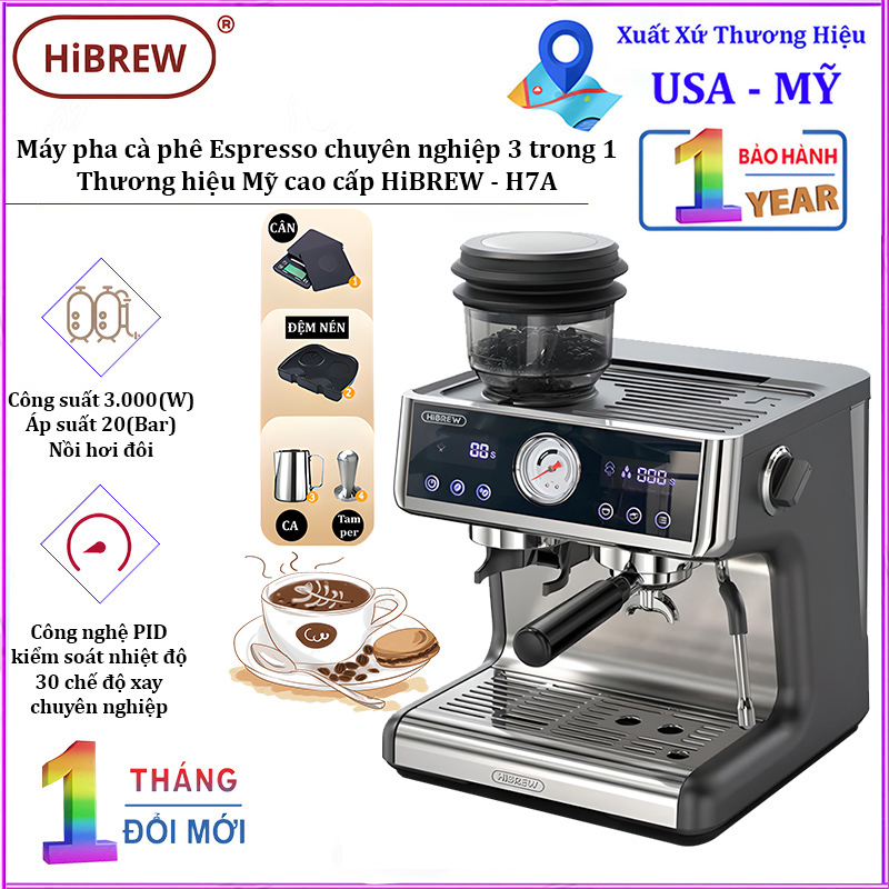 Máy pha cà phê Espresso chuyên nghiệp 3 trong 1, thương hiệu Mỹ cao cấp HiBREW H7A