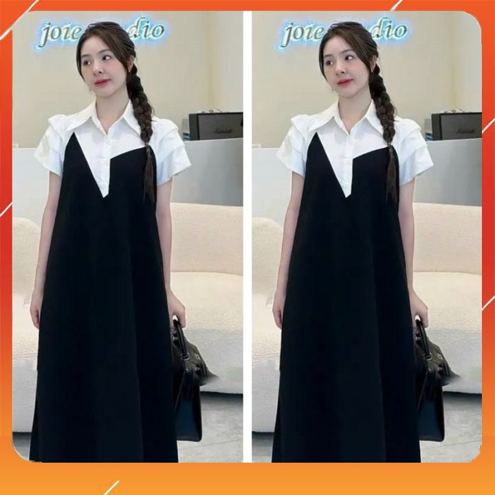 Váy bầu- đầm bầu suông sơ mi hottrend chất đũi mát dáng xuông dễ mặc