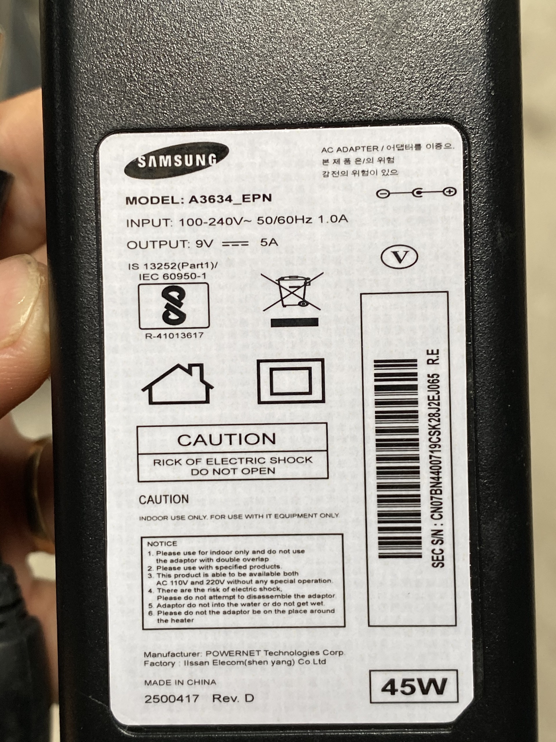 Bộ nguồn 9V 5A chuẩn Samsung cung cấp