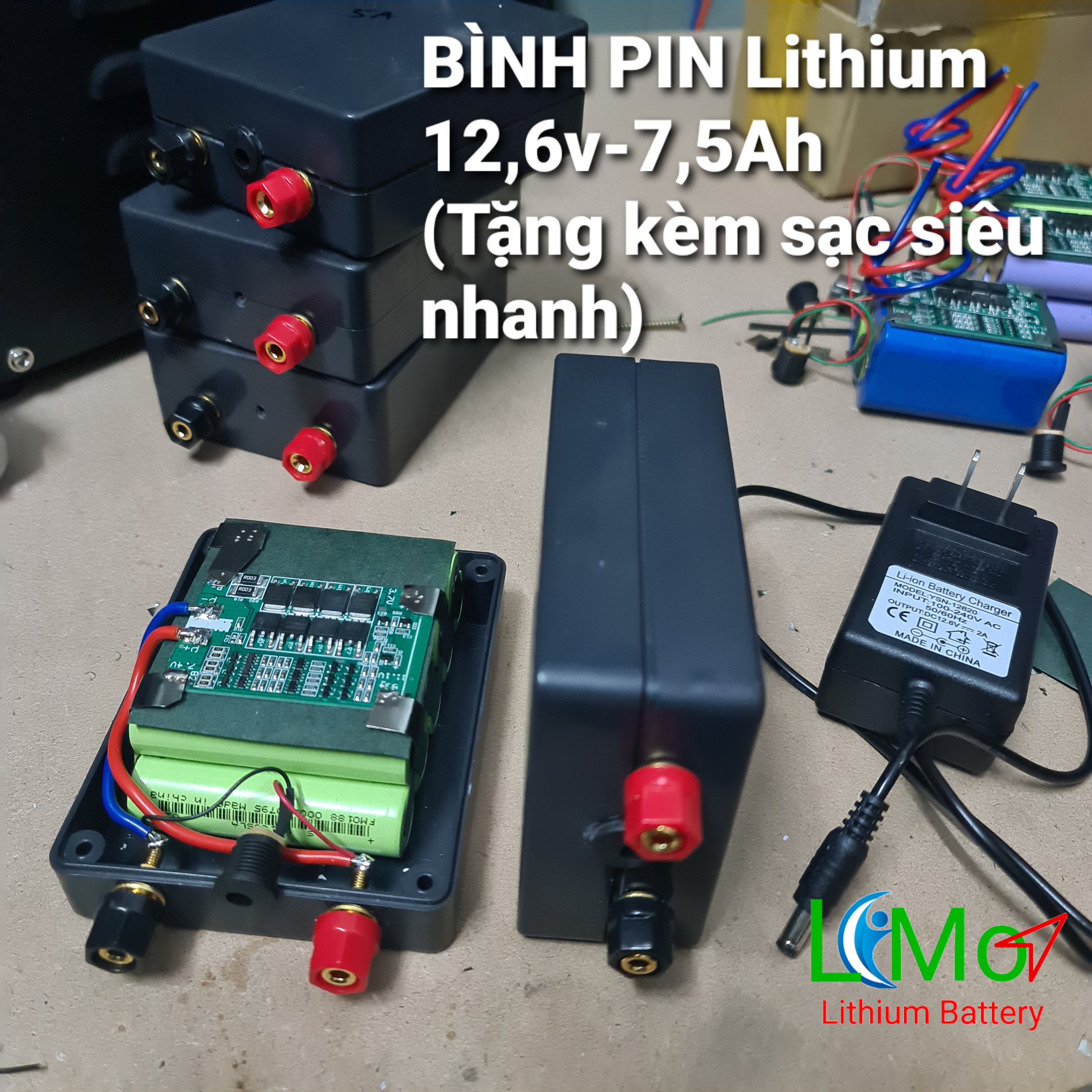 BÌNH ACQUY PIN Lithium 12,6v - 7,5Ah Tặng kèm sạc siêu nhanh Lithium 12,6v. Gồm 9 viên Pin sạc Lishen 2600mAh nối 3S + Mạch bảo vệ SẠC XẢ 3s 50A + sạc nhanh lithium 3S - LiMo