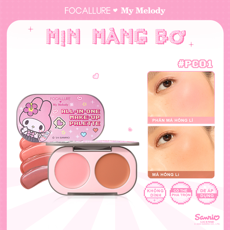 [FOCALLURE x Sanrio] Bảng Phấn Má Hồng 2 Màu Mịn Màng Bơ