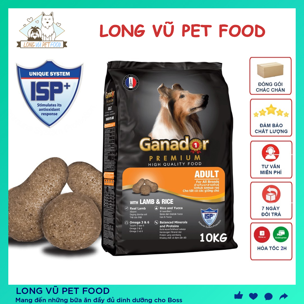 Thức ăn cho chó lớn Ganador 10Kg vị Cừu và Gạo - Thức ăn hạt cho chó trưởng thành trên 1 tuổi - Long Vũ Pet Food