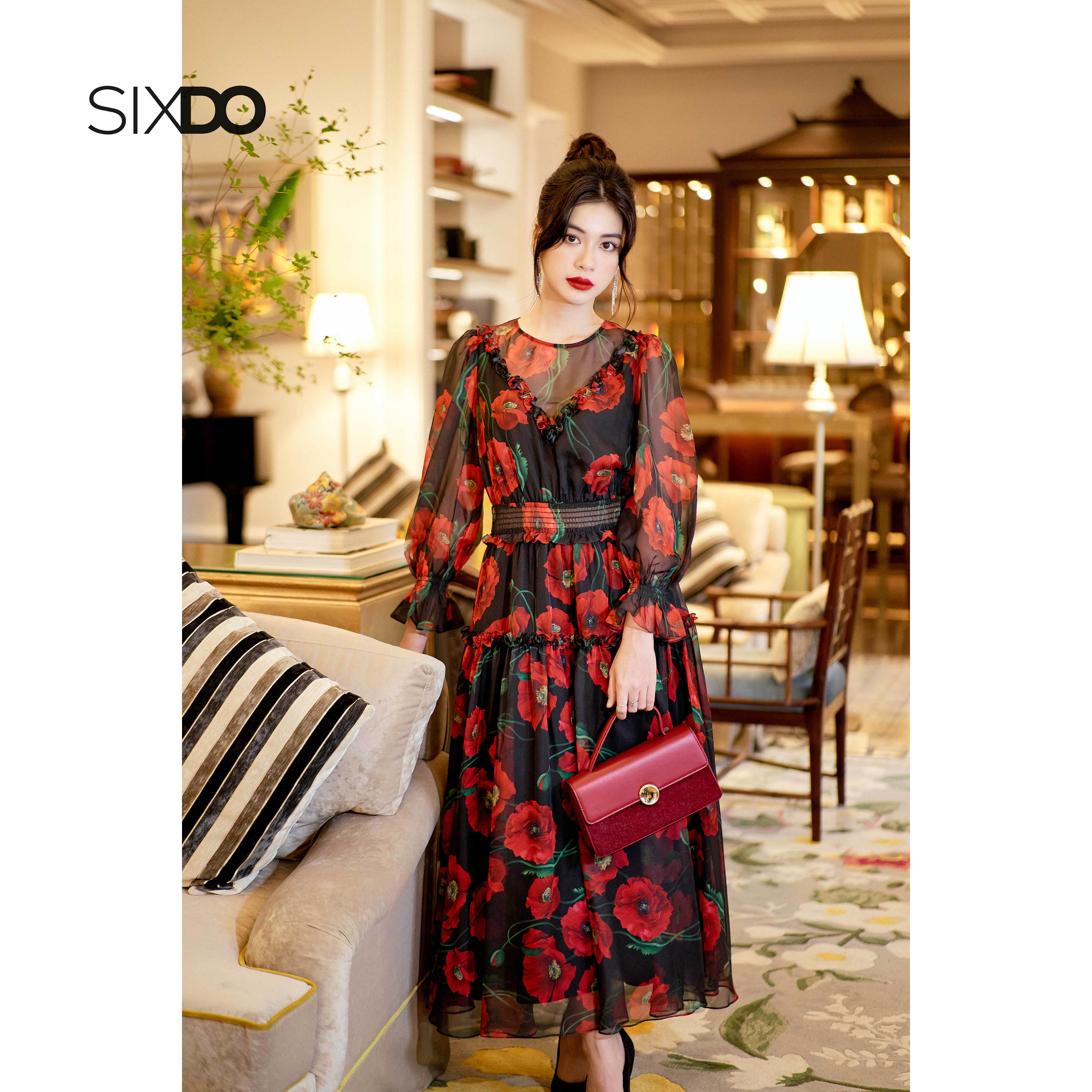 Đầm voan hoa tay phồng cổ tròn SIXDO