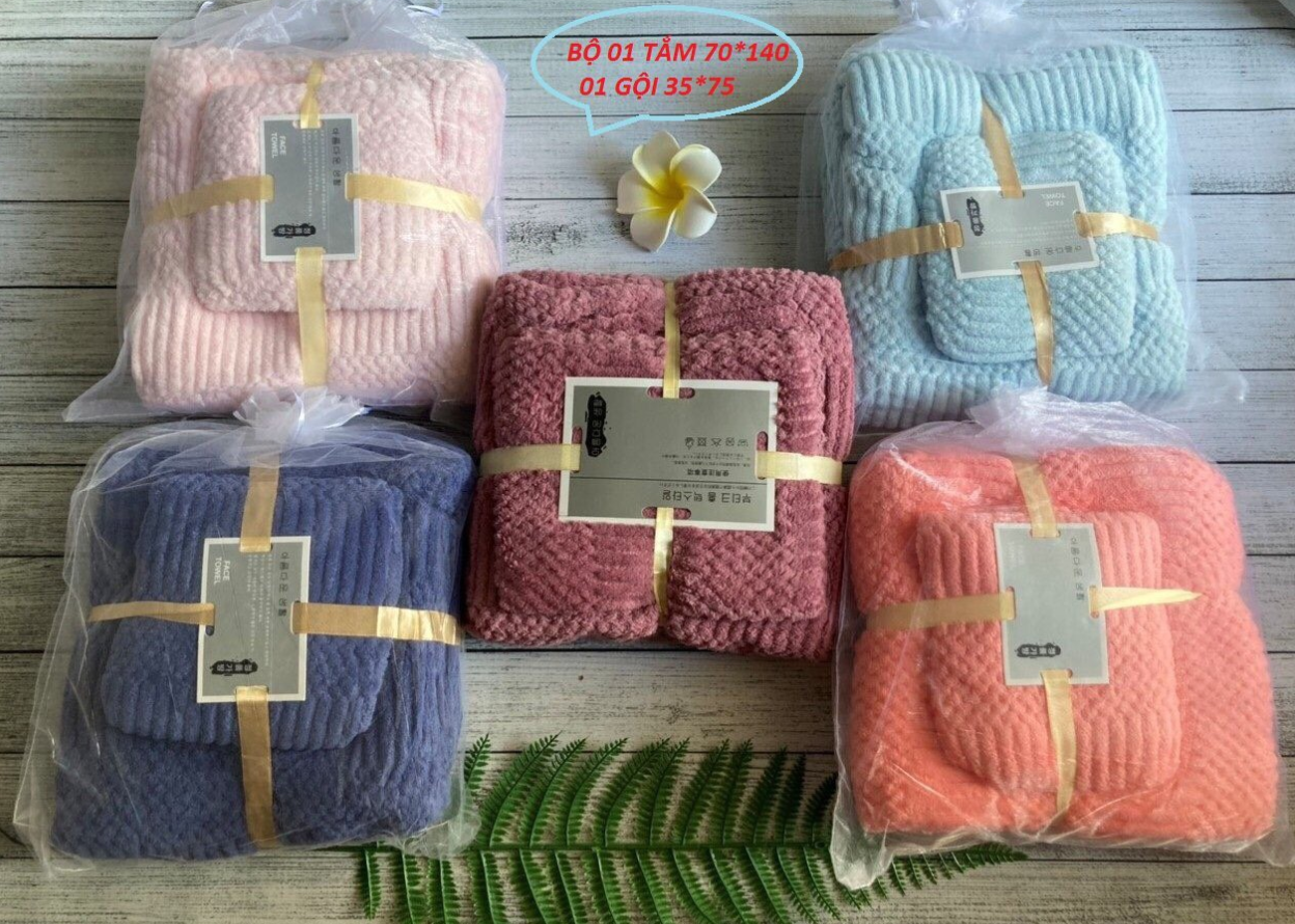Bộ gồm 2 khăn tắm, khăn quấn cái 50*100 và cái 70*140