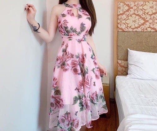 Đầm Nữ Voan Hoa Cổ Giọt Nước Dễ Thương Thời Trang