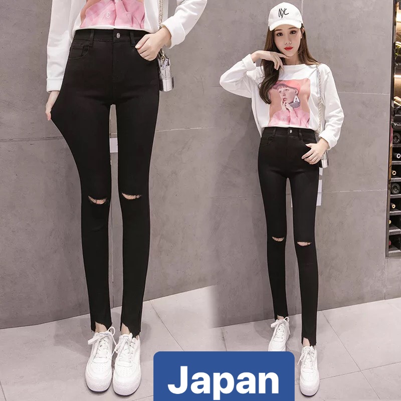 QUẦN JEAN NỮ CHẤT BÒ ĐEN RÁCH GỐI HÈ THU SIÊU CO GIÃN LƯNG CAO NÂNG MÔNG NHẬT BẢN JP-19 JAPAN FASHION