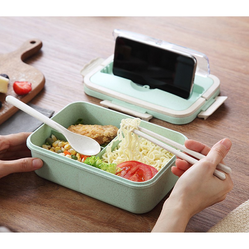 (GIAO HÀNG NHANH) - HỘP CƠM 2 TẦNG LÀM BẰNG CHẤT LIỆU LÚA MẠCH  CAO CẤP GIỮ NHIỆT TỪ 8 ĐẾN 10 TIẾNG VỚI THIẾT KẾ CÓ GIÁ ĐỠ ĐIỆN THOẠI TIỆN LỢI TẶNG KÈM ĐŨA MUỖNG TIỆN LỢI - HỘP CƠM VĂN PHÒNG NHỎ GỌN, TIỆN DỤNG, DỄ DÀNG MANG THEO ...