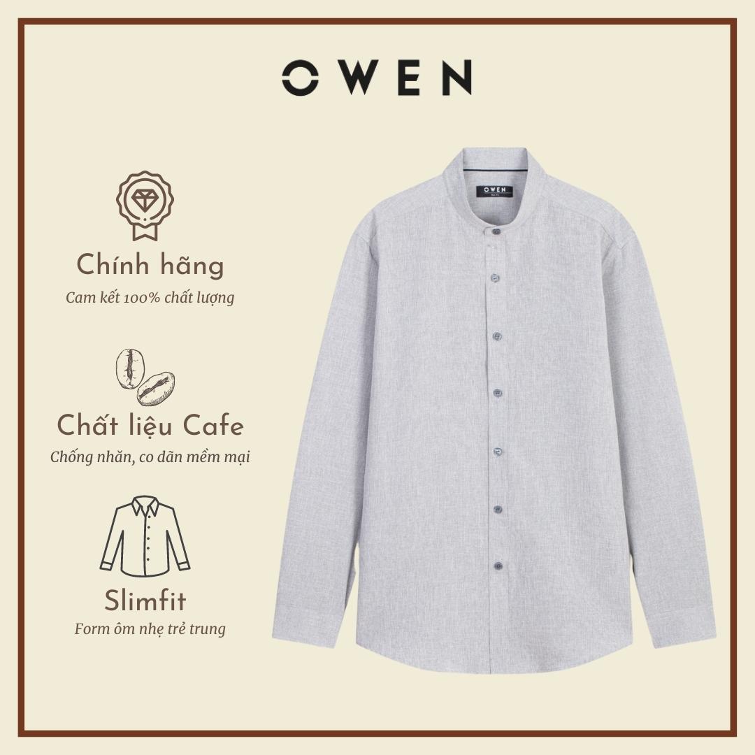 OWEN - Áo sơ mi dài tay OWEN SLIMFIT cổ tàu chất cafe không nhăn - Áo sơ mi cổ tàu nam màu xám 22731