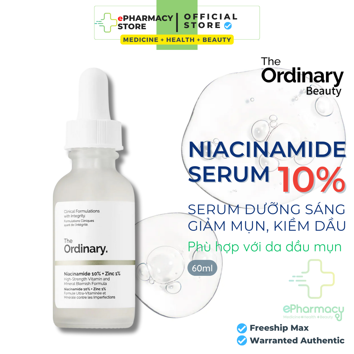 Serum Niacinamide 10% + Zinc 1% The Ordinary - Tinh Chất The Ordinary kiềm dầu giảm mụn giảm thâm 30ML/60ML