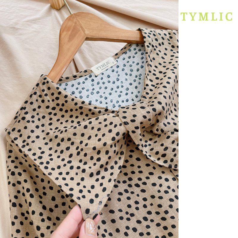 Áo Sơ Mi Tay Dài Chấm Bi Cổ Nơ Linen TYMLIC