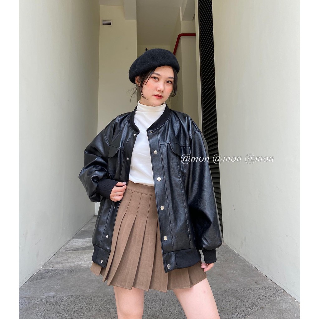 Áo khoác da dáng rộng, áo khoác bomber da nữ
