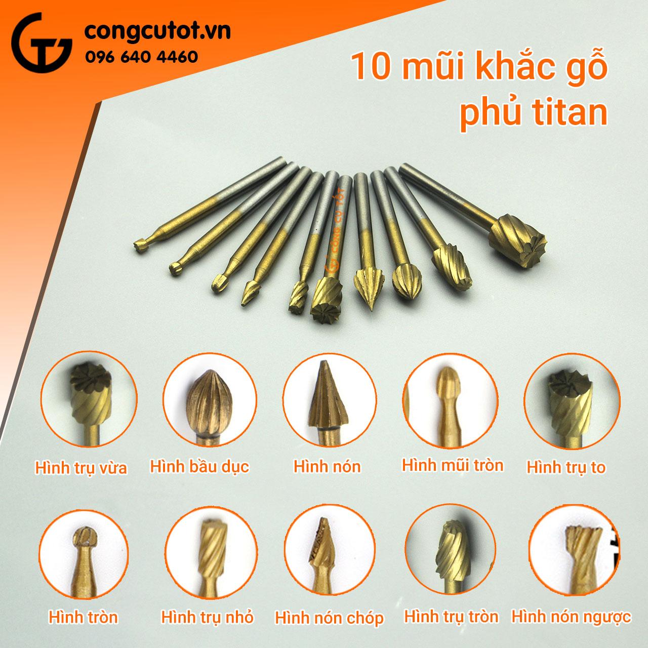 Bộ 10 mũi mài khắc gỗ phủ titan