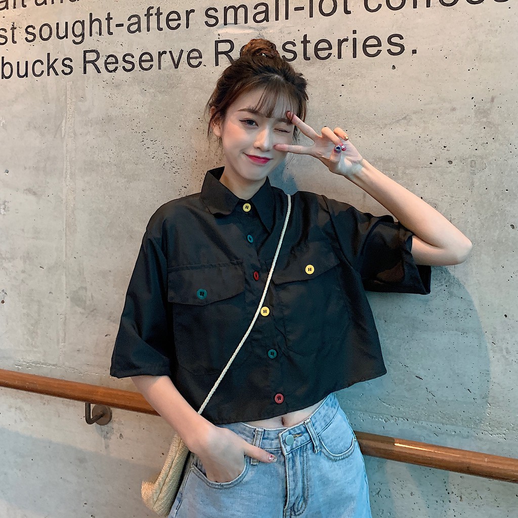 Áo sơ mi croptop ullzang tay lỡ bigsize 4 màu