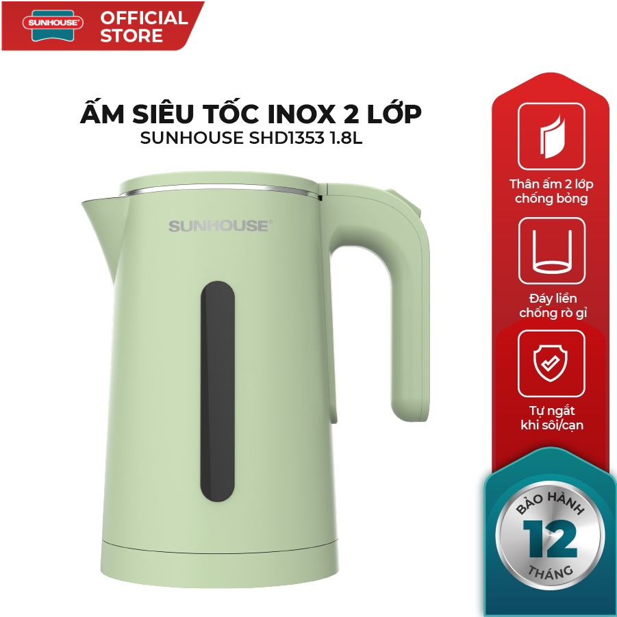 [ RUỘT ĐÚC ] Ấm Siêu Tốc Inox 2 Lớp SUNHOUSE SHD1353 Dung Tích 1.8L, Bình đun siêu tốc , bảo hành toàn quốc  12 tháng
