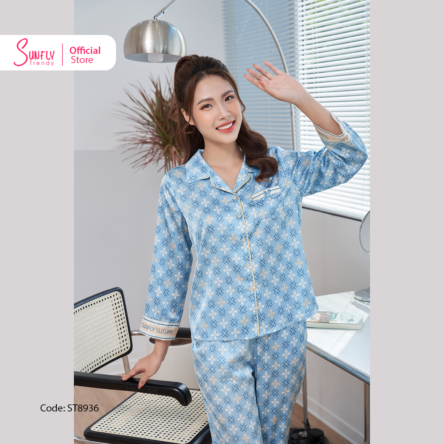 [VOUCHER ĐỘC QUYỀN 15.1 - GIẢM 15% TỐI ĐA 100K]Bộ Đồ Mặc Nhà Nữ Pyjamas Lụa SUNFLY Áo Dài Quần Dài ST8936